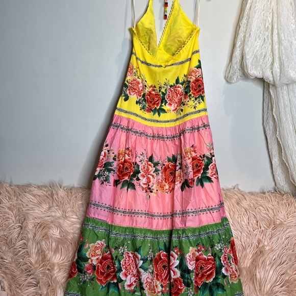 Farm Rio Manuela Halter Floral Scalloped Colorful Pastel Maxi Dress